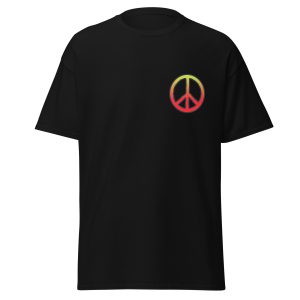 Black t-shirt with a peace symbol on the left chest. The peace symbol fades from yellow to orange