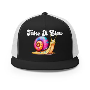 Five panel trucker style hat that is black on the front and white mesh on the back with a bold graphic of a colorful snail and the words "take it Slow"