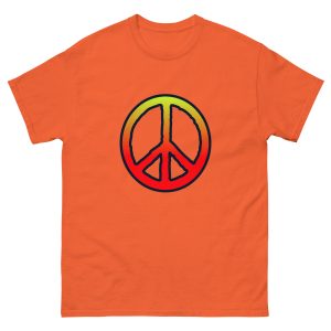 Orange t-shirt with a large printed peace sign on the font that fades from yellow to orange and a black outlilne