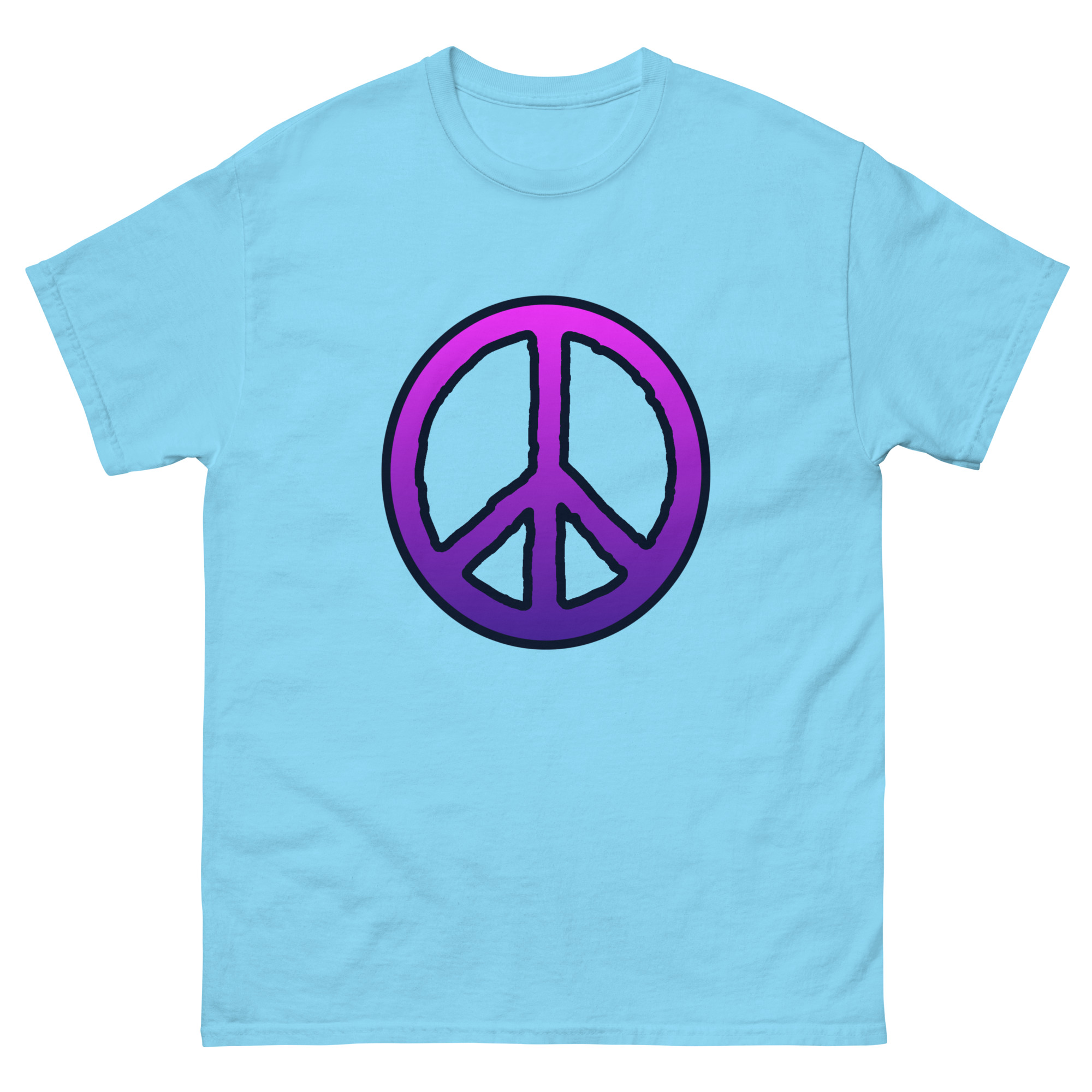 Sky blue t-shirt with a large printed peace sign on the font that fades from lavender to purple and a black outline.
