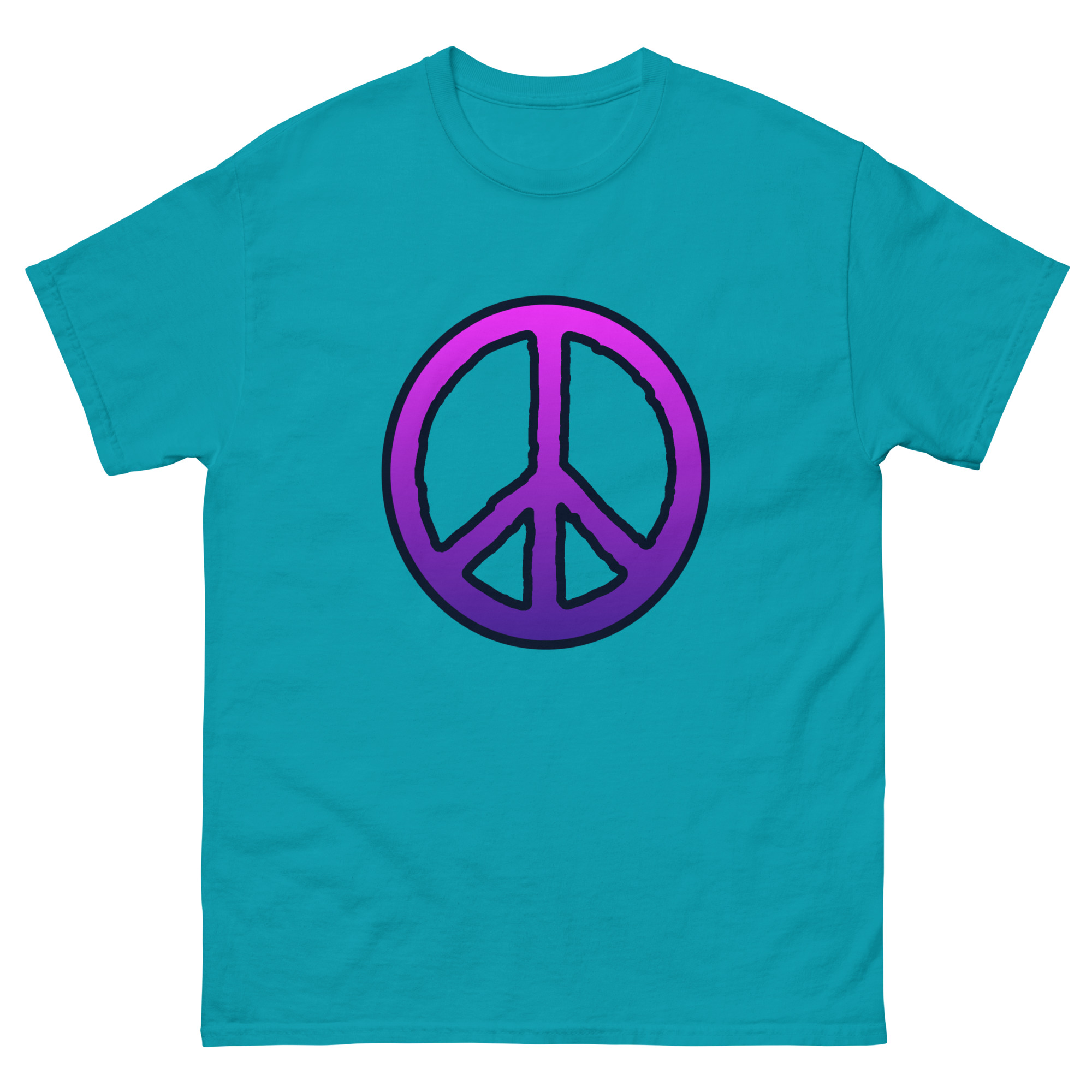 Teal t-shirt with a large printed peace sign on the font that fades from lavender to purple and a black outline.